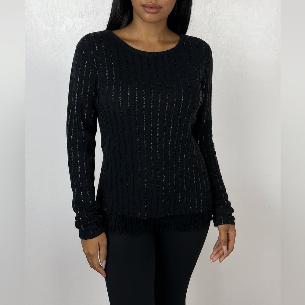 Chetta B Evening Wear Beaded Long Sleeve Fringe Hem Top Blouse Size M